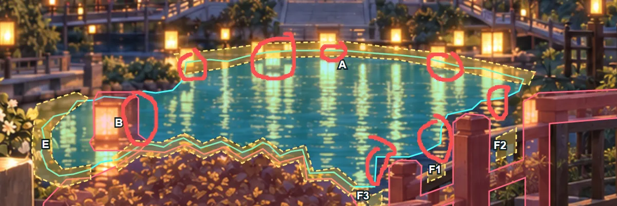 My screenshot of the first draft with eight red circles drawn in Paint